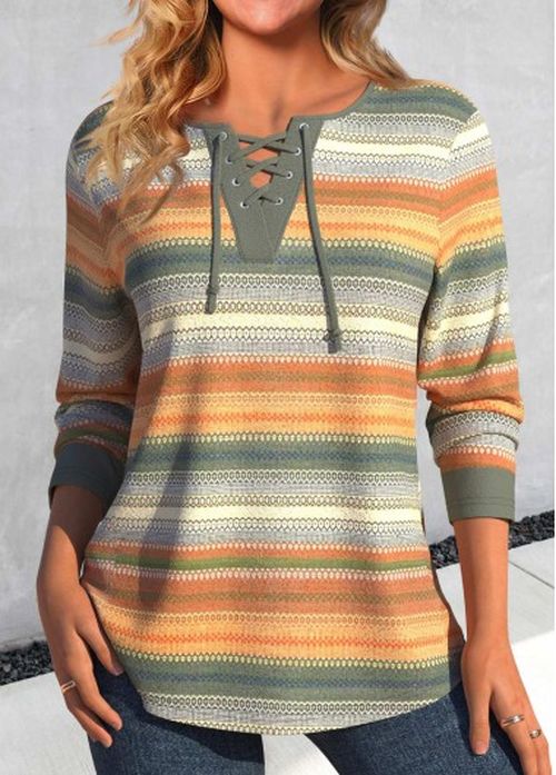 Modlily Multi Color Lace Up Striped T Shirt