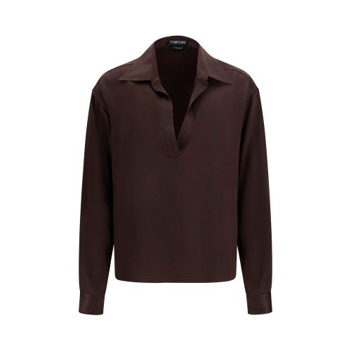 Silk V-Neck Blouse — Brown