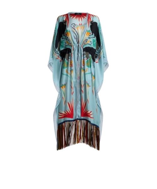 X TABBY BOOTH SILK KAFTAN WITH FRINGING AND PLACED PRINT