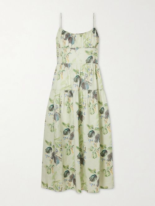 Benoit Tiered Gathered Floral-print Ramie Midi Dress - Green