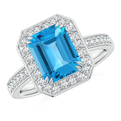 Angara 2.75 Carats Emerald-Cut Swiss Blue Topaz Engagement Ring with Diamonds in Platinum