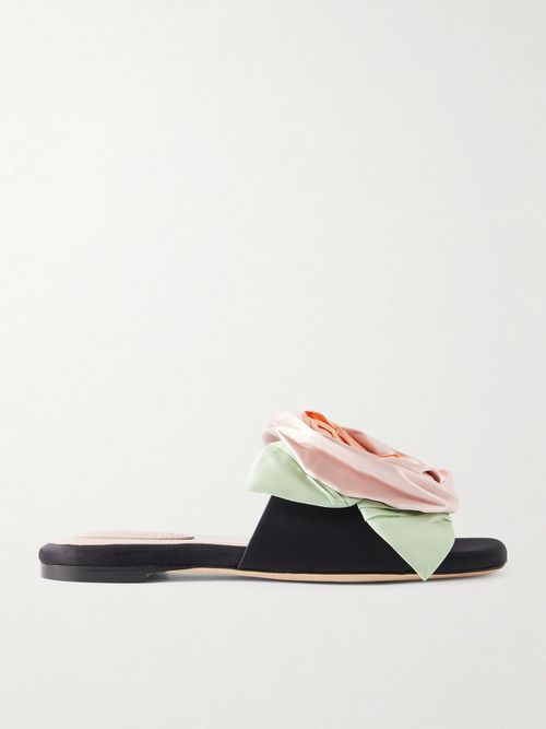Floral-appliquéd Satin Slides - Black