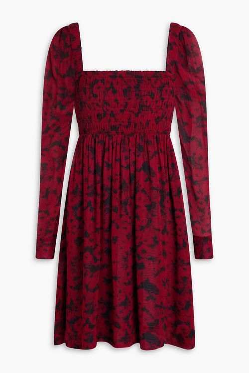 GANNI - Shirred printed georgette mini dress - Burgundy - DE 48