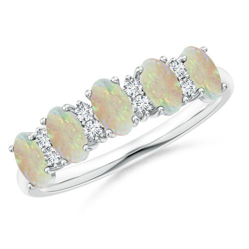 Angara 0.75 Carat Five Stone Opal and Diamond Wedding Ring in 14K White Gold