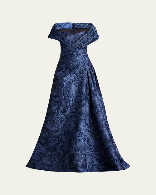 Tadashi Shoji | Pleated Off-Shoulder Floral Jacquard Gown | Realry Tadashi Shoji | Pleated Off-Shoulder Floral Jacquard Gown | Realry