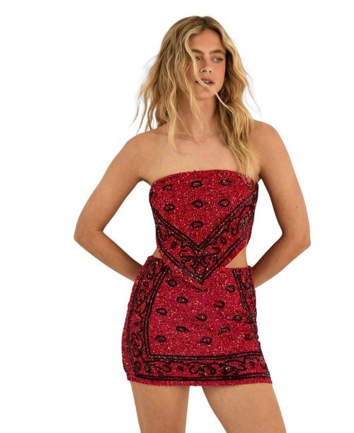 Women's Hand Embellished Mini Skirt - Red