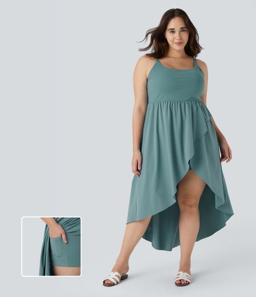 Breezeful™ Asymmetric Crossover Hem 2-Piece Pocket Flowy Midi Quick Dry Casual Plus Size Dress Casual Dress - Stone Blue