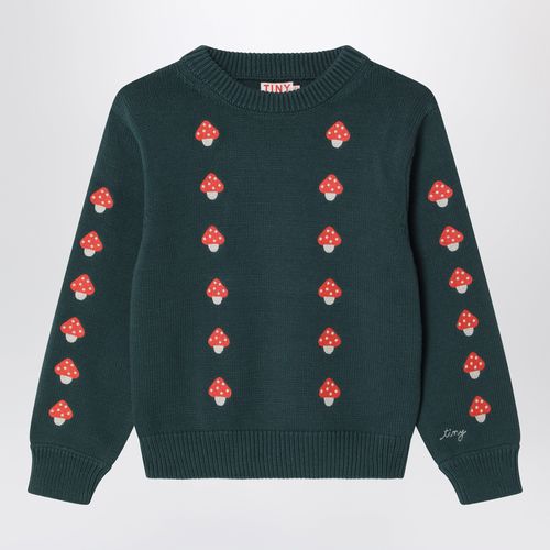 Dark green cotton sweater with embroidered mushrooms
