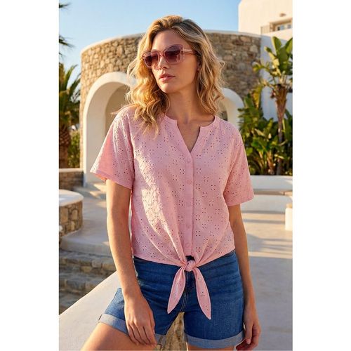 Roman Womens V-Neck Broderie Stretch Jersey Tie Front Top - Pink