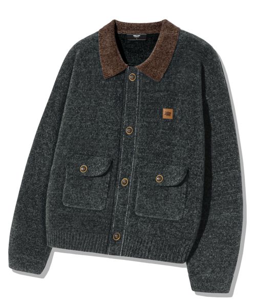 Leather Patchwork Velvet Cardigan Knit _ Khaki
