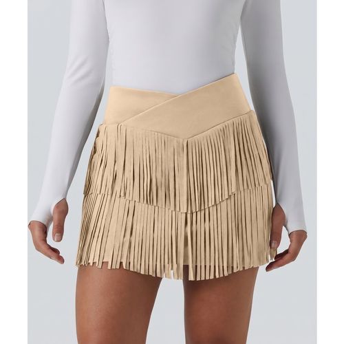 Halara Crossover High Waisted 2-in-1 Fringe Hem Bodycon Mini Suede Party Skirt - Ivory Cream - XLregular