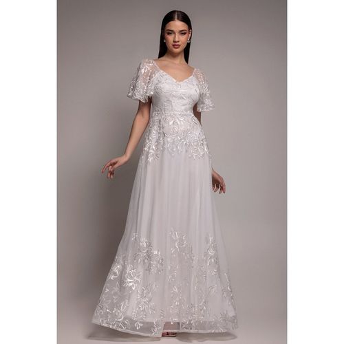 Goddiva Lace Flutter Sleeve Embroidered Mesh A Line Maxi Dress - White