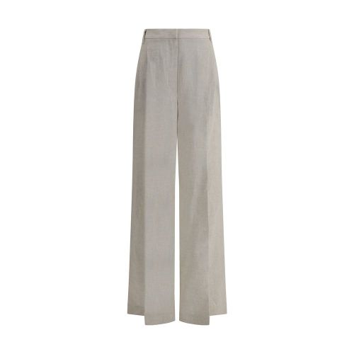 Lamé-Embellished Linen Trousers — Beige