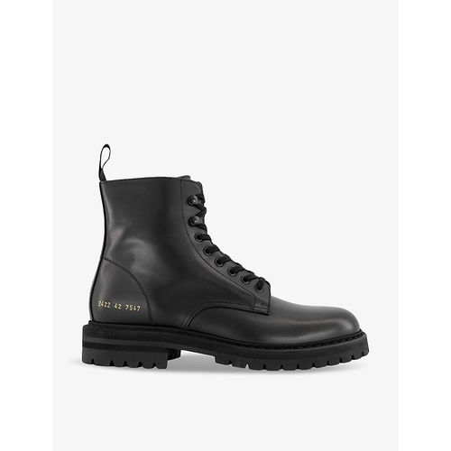 Mens Black Leather Combat Number-print Leather Ankle Boots
