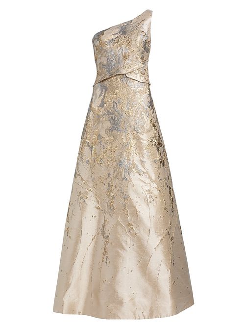 Women's Floral Metallic Brocade One-Shoulder Gown - Gold
