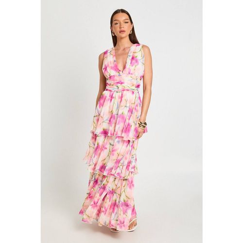 Boohoo Women's Chiffon Plunge Front Floral Tiered Maxi Dress in Pink
