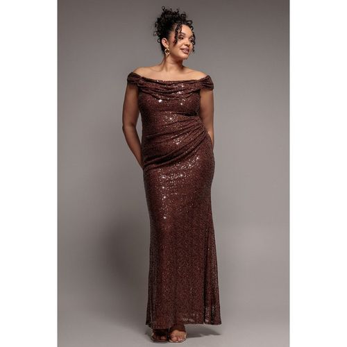 Goddiva Plus Cap Sleeve Iridescent Sequin Cowl Maxi Dress - Brown