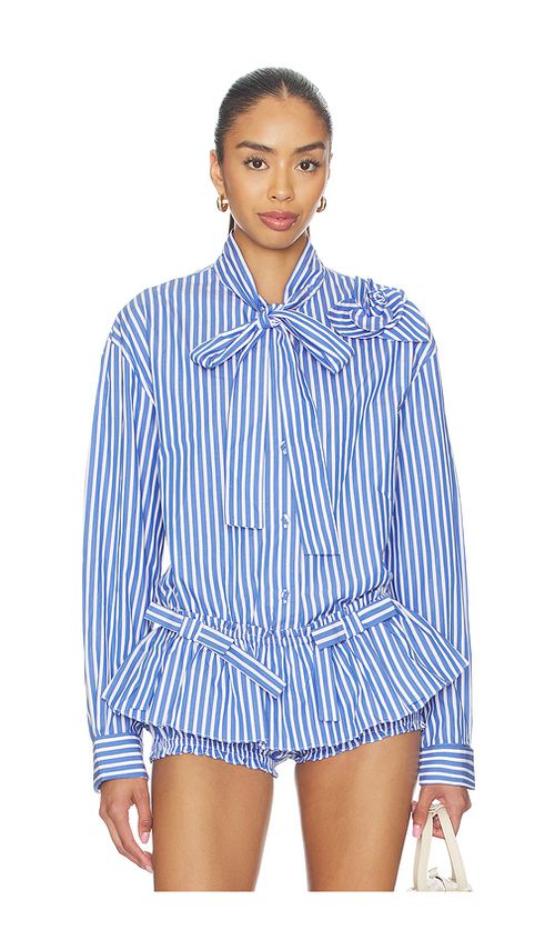 AKNVAS Flor Poplin Deep Blue Stripe Shirt With One Rose in Blue. XS. Also in S, M