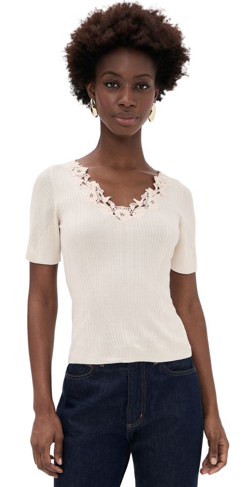 Celeste Short Sleeve Knit Top with Lace Pearled Ivory