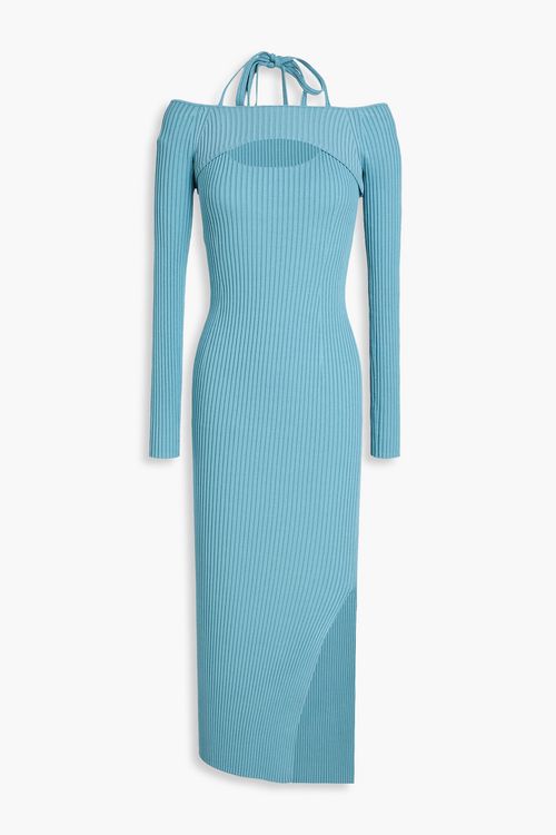 Cold-shoulder ribbed-knit midi dress - Blue - L