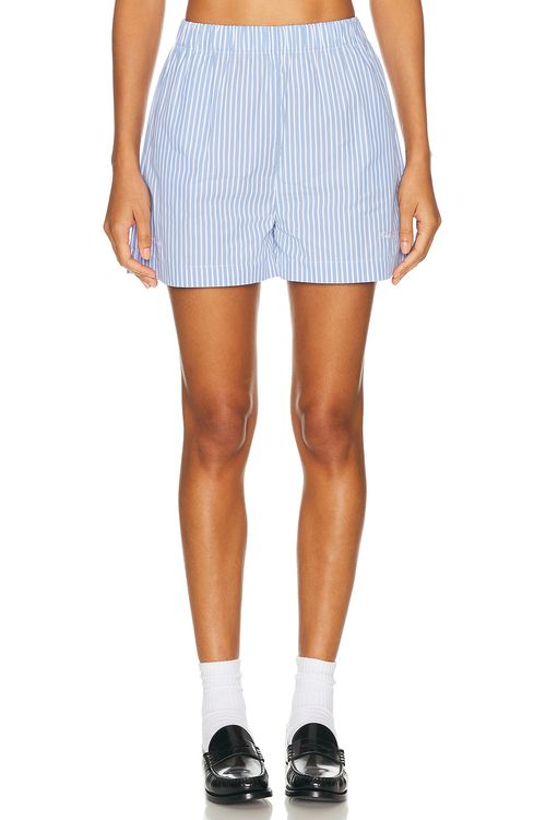 Sporty & Rich x Hotel Du Cap Eden Roc Eden Script Poplin Short in Blue & White Stripe - Blue. XS also in L, M