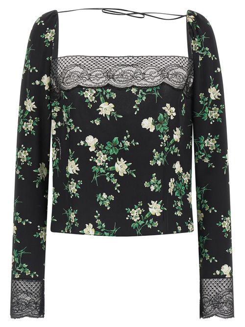 Floral Silk with Lace Trim Blouse — Black