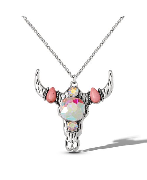 Layered Southwestern Horn Pendant and Beaded Necklace Set - Silver/coral