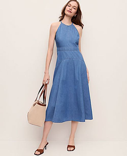 Ann Taylor Petite Halter Flare Midi Dress in Chambray