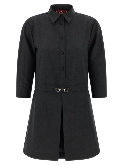 Wool Shirt Dress with Morsetto Detail Dress — Gray