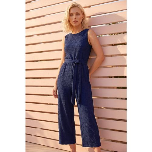Roman Womens Petite Textured Jumpsuit - Blue