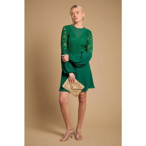 Oasis Women's Printed Lace Detail Balloon Sleeve Mini Dress in Forest