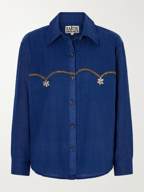 Bead-embellished Layered Striped Cotton Shirt