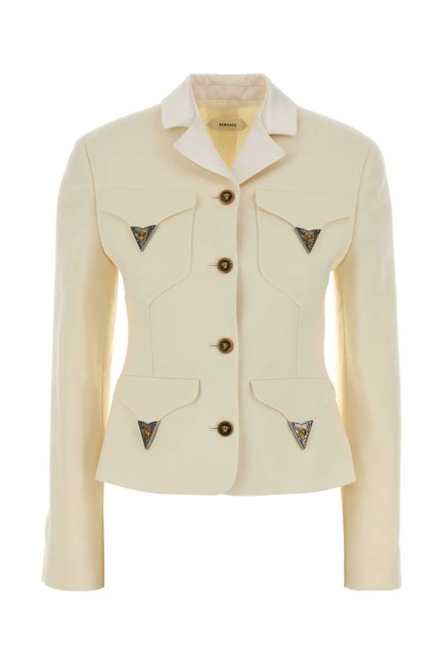 Virgin Wool with Medusa-Embellished Pockets Blazer — Beige