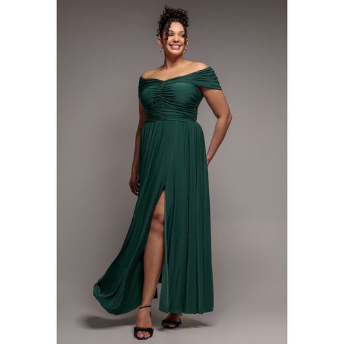 Goddiva Plus Gathered Bardot Bodice Front Split Maxi Dress - Emerald Green