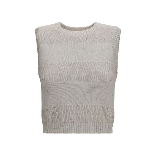 Sequin-Embellished Knit Tank Top — Beige