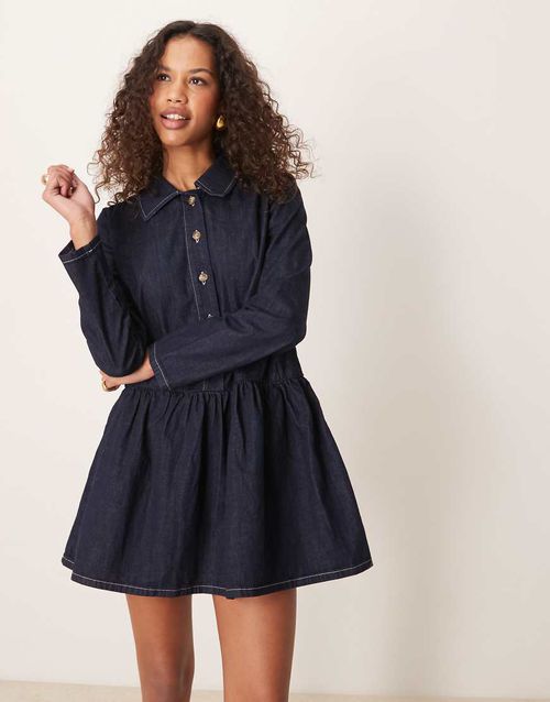 ASOS DESIGN denim smock mini dress with dropped waist-Blue