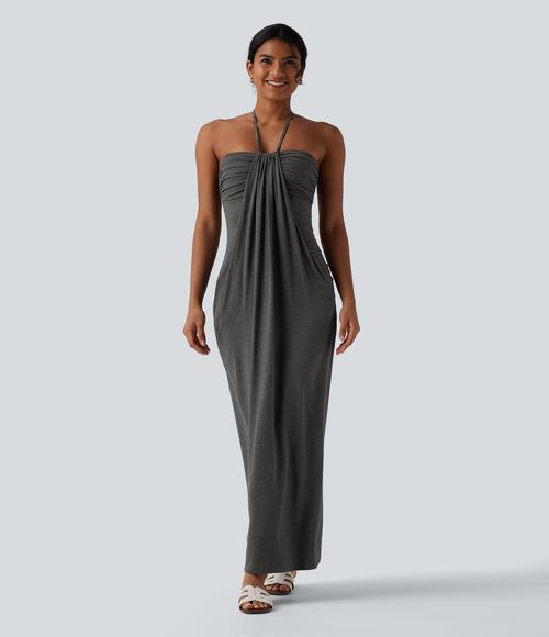 Halter Tie Back Maxi Dress with Pockets Casual Dress - Darl Gray Floral Yarn