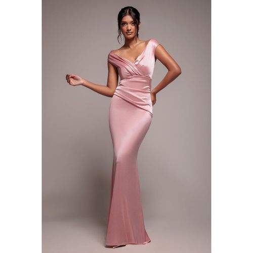 Goddiva Satin Off The Shoulder Maxi Dress - Pink