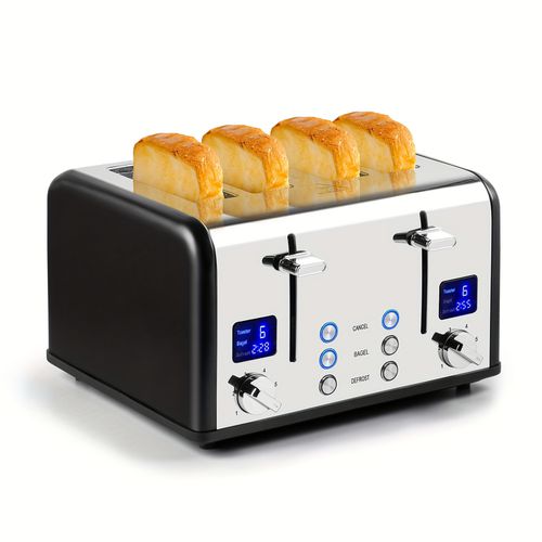 TEMU 4- Stainless Steel Toaster With Slots, Led Display, 6 Browning Levels , And Cance Functions Removable Crumb Tray, All Your English Breakfast