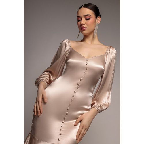 Goddiva Satin Viscose Front Buttoned Dipped Hem Midaxi Dress - Champagne