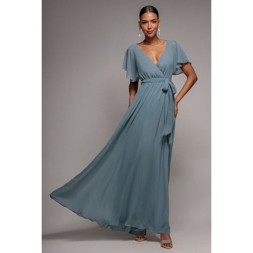 Goddiva Chiffon Flutter Sleeve Wrap Maxi Dress - Dusty Blue
