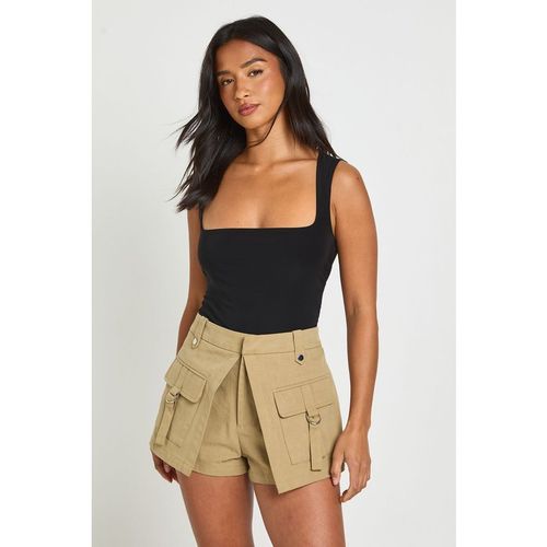 Boohoo Womens Petite Double Layer Slinky Square Neck Sleeveless Bodysuit - Black