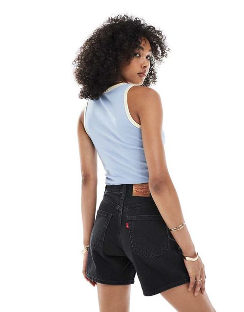 Cinch waist mid-thigh denim shorts in washed black