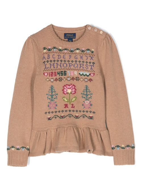 Embroidered-design crew-neck jumper - Brown