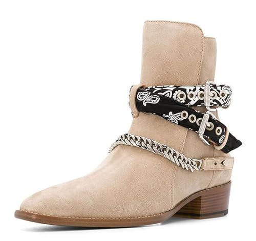 Santimon Men’s Top-Grain Leather Dress Ankle Chelsea Boots with Bandana Strap & Metal Chain – Fashion Suede Side-Zip Western Cowboy Boot for Casual
