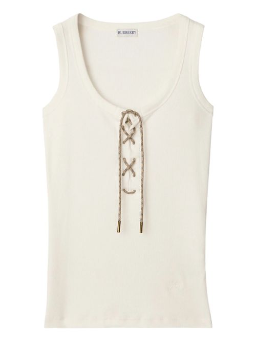 Ribbed Cotton-Blend Tank Top with Equestrian Knight Hem Embroidery and Adjustable Check Drawstring