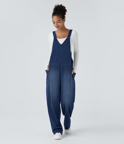Flex™ V Neck Pocket Washed Denim Casual Overalls  - Serene Blue Denim