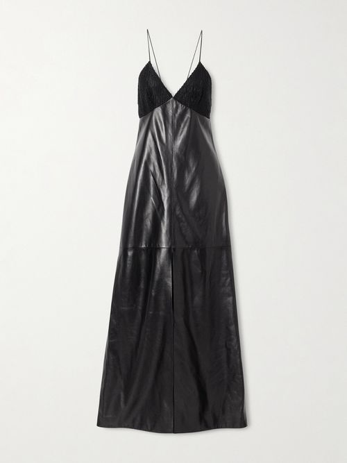 Amelia Embellished Silk-trimmed Leather Maxi Dress - Black