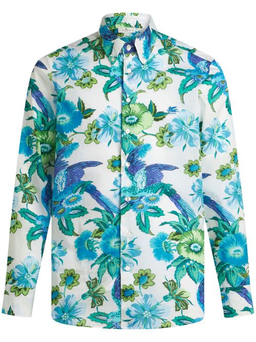 Tropical floral-print cotton shirt - Blue