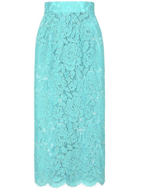 Floral-lace high-waisted midi skirt - Blue